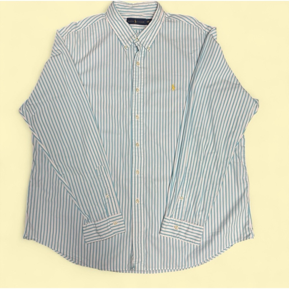 Ralph Lauren XXL Blue White Striped Shirt Yellow Pony Classic Fit Cotton